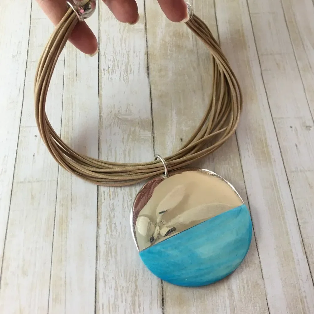 Vintage St. Thomas Blue Shell Disc Cord Statement Necklace